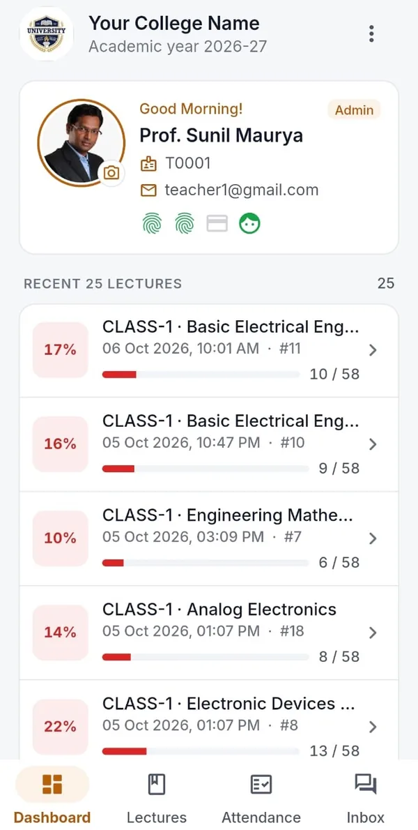 TAMS Teachers App showing recent lectures with attendance percentage